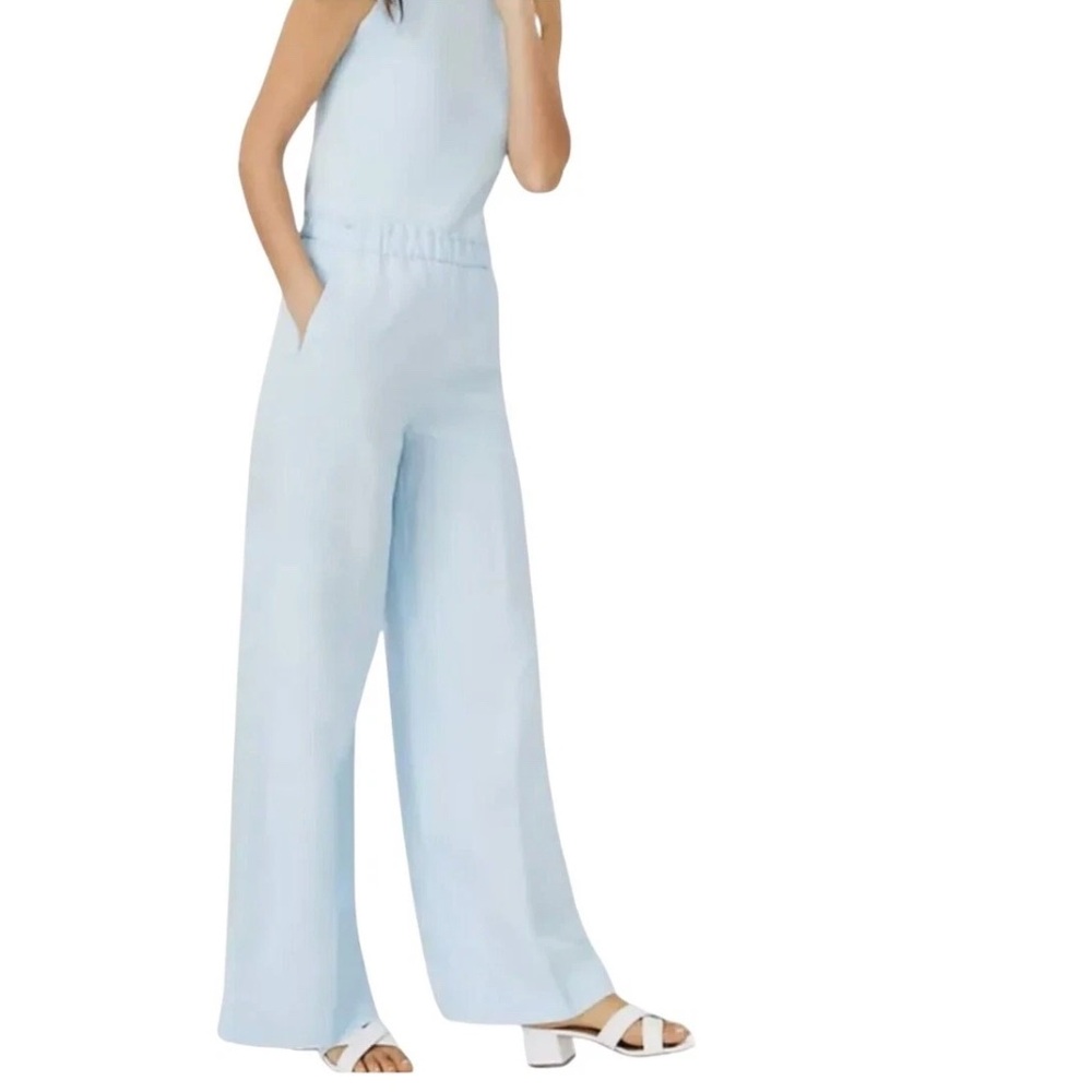 NWT Ann Taylor Women's Light Blue Linen High Elastic Waist Wide Leg Palazzo